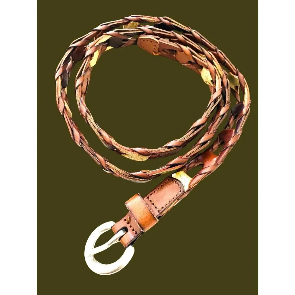 Vintage Fossil Braided Leather Women's Belt Multi Strand Gold Accents Boho Retro